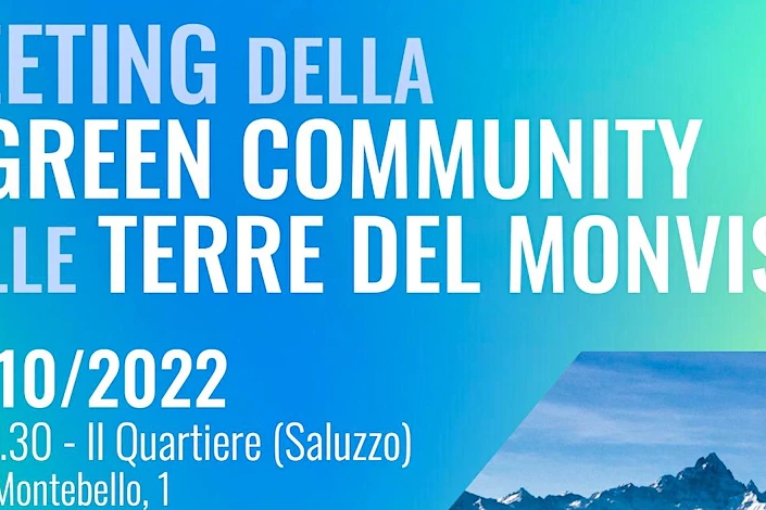 particolare della locandina intitolata Save the date, Meeting della Green Community delle Terre del Monviso; lo sfondo è azzurro