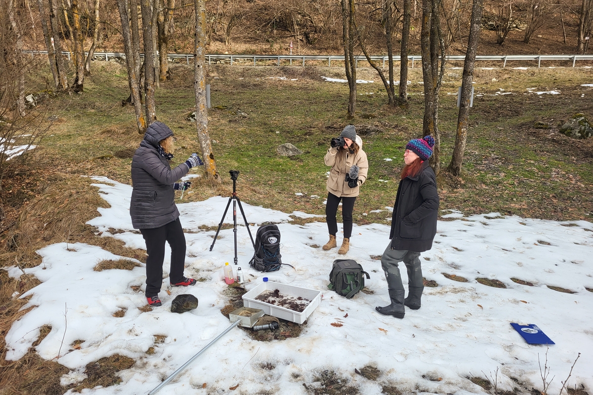 Tre ricercatrici stanno lavorando all'aperto, in un prato parzialmente ricoperto di neve: stanno effettuando alcune riprese video del progetto in corso di svolgimento.