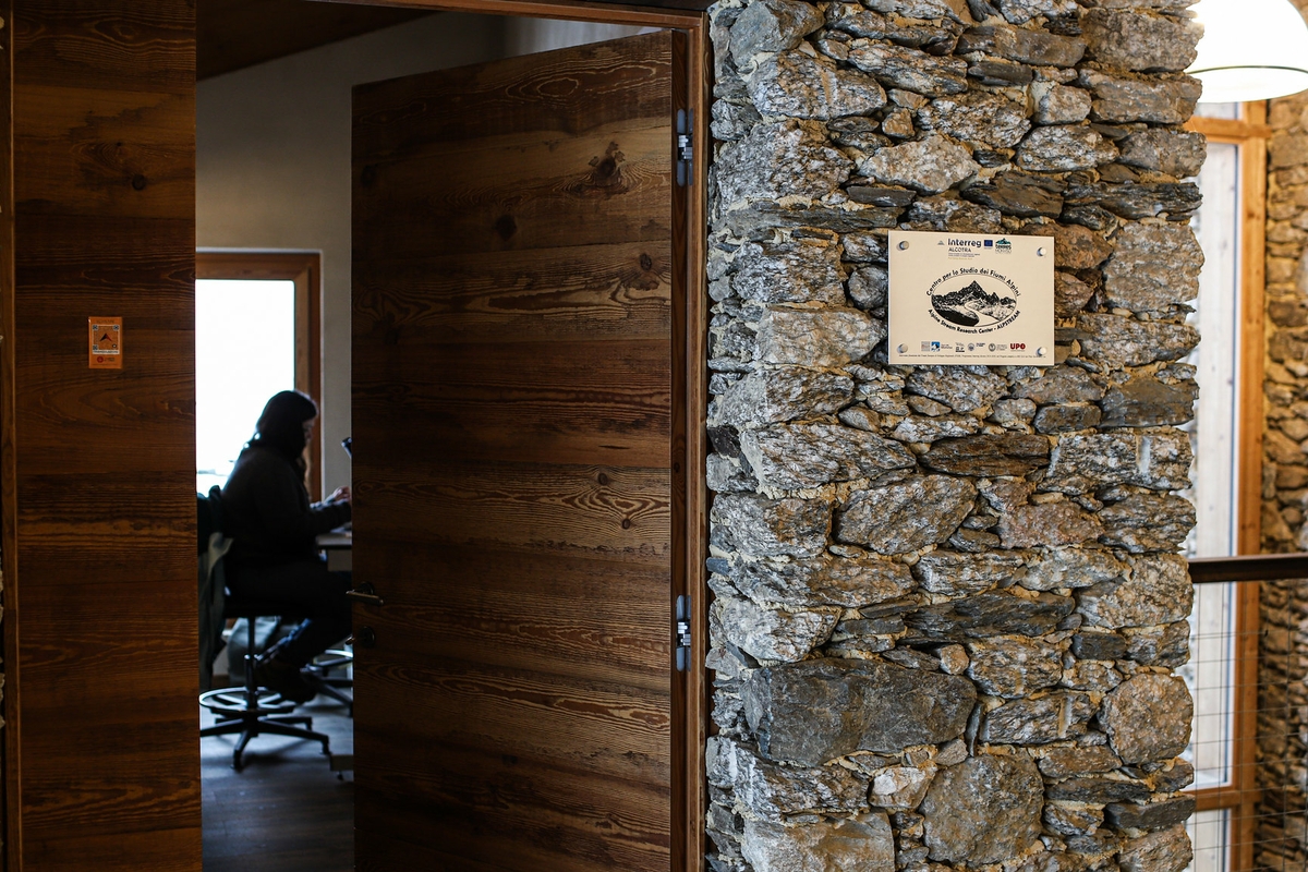 Una porta in legno fa intravedere una stanza dove una ricercatrice sta lavorando ad un microscopio. Intorno alla porta un muro di pietra, con il logo del Centro Alpstream.