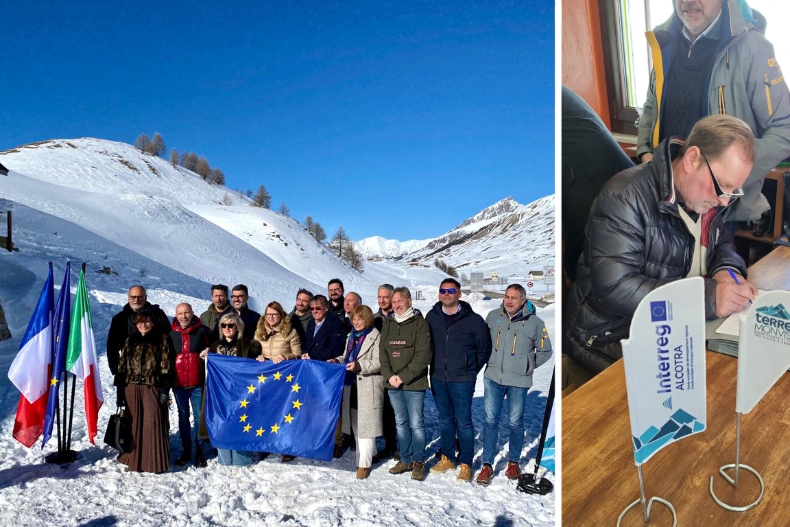 Due immagini affiancate: a sinistra foto di gruppo di amministratori italiani e francesi, che tengono una bandiera dell'Unione Europea, in un paesaggio montano completamente ricoperto di neve. A sinistra, in un locale interno, il presidente del Parco del Monviso firma il Manifesto delle Terres Monviso.