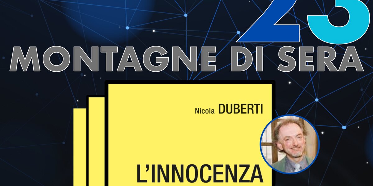 immagine tratta dalla locandina della rassegna: in alto si legge Montagne di Sera 23 e nella metà bassa della fotografia c'è una parte della copertina del libro, con a fianco un tondo nel quale è presente una foto dell'autore.
