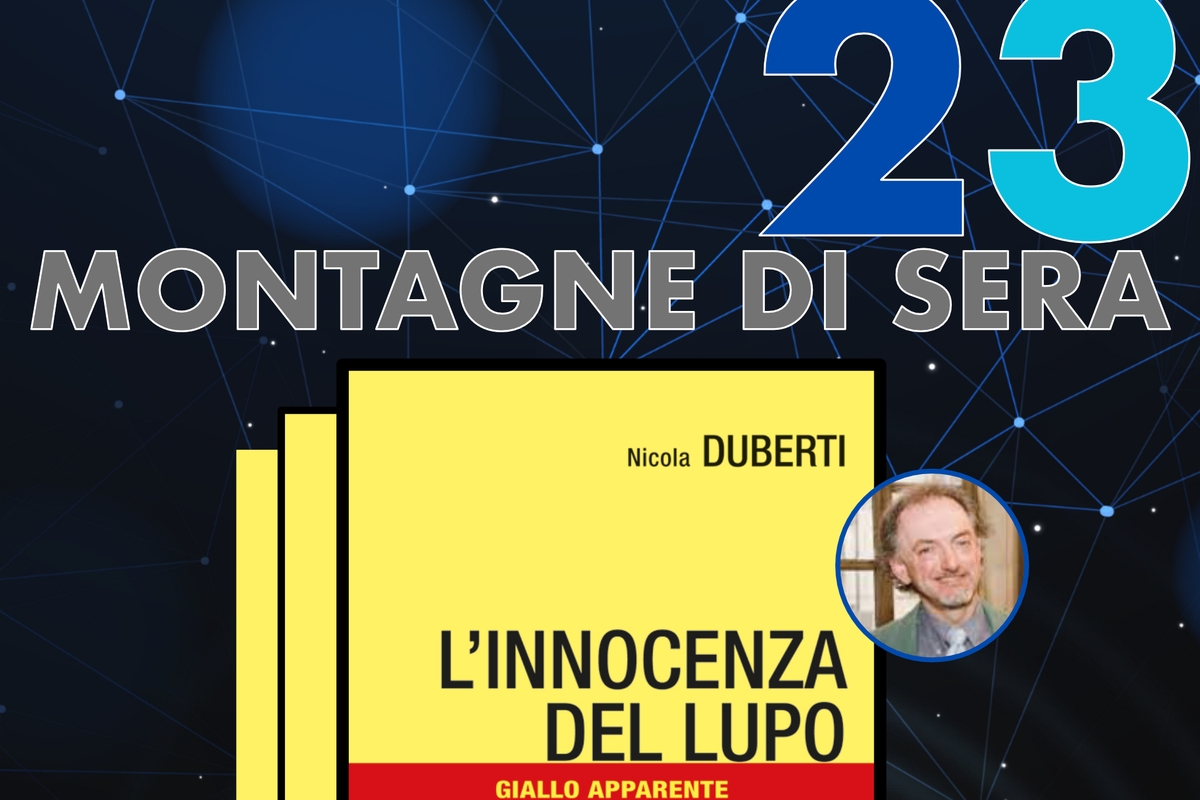 immagine tratta dalla locandina della rassegna: in alto si legge Montagne di Sera 23 e nella metà bassa della fotografia c'è una parte della copertina del libro, con a fianco un tondo nel quale è presente una foto dell'autore.