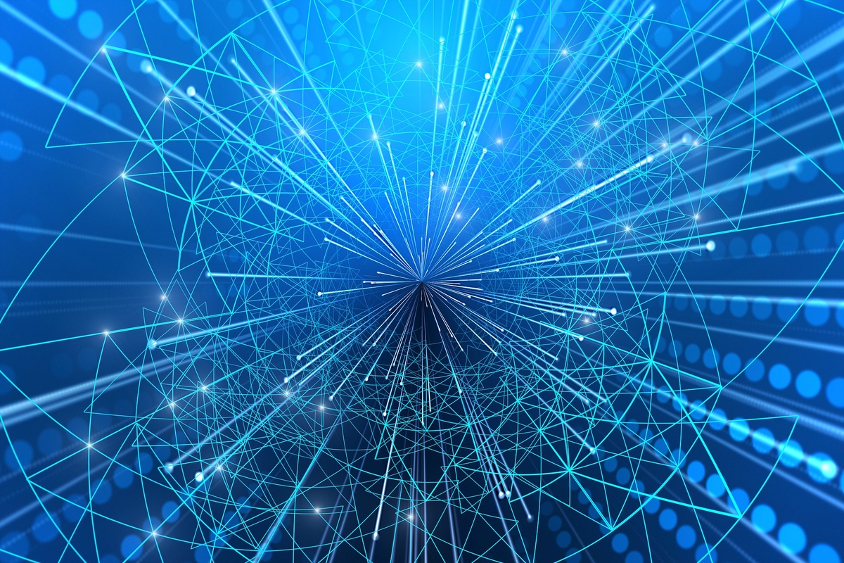 immagine di una rete digitale, composta da punti e linee in uno sfondo blu