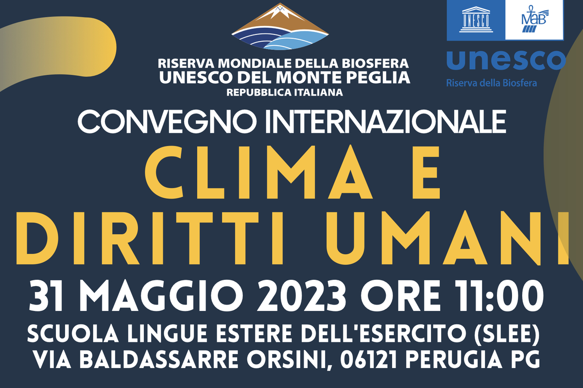 locandina dell'evento, con sfondo blu e scritte in giallo e bianco. In alto il logo della Riserva del Monte Peglia e quello dell'Unesco