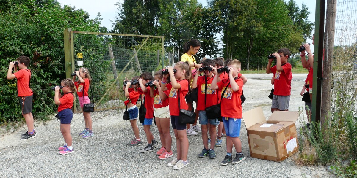 Gruppo di bambini con magliette rosse che osservano con dei binocoli