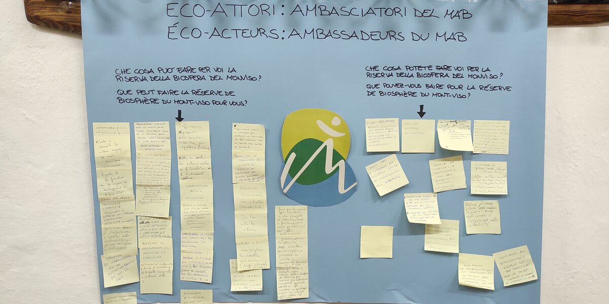 Un foglio appeso ad un muro con tanti post-it scritti dai partecipanti alle attività della giornata