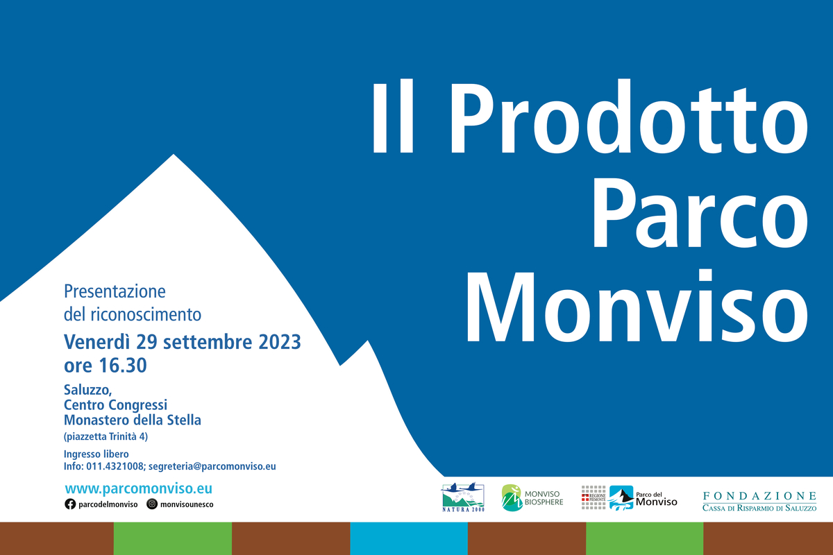 Immagine grafica: sulla sinistra di uno sfondo di colore blu c'è una silhouette bianca che raffigura il Monviso; nella grafica ci sono data e orario della presentazione del riconoscimento e i loghi degli enti coinvolti nella presentazione, il Parco del Monviso e la Fondazione Cassa di Risparmio di Saluzzo
