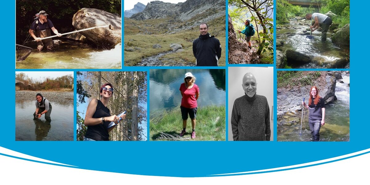 L'immagine è un collage di foto in cui sono rappresentati tutti i componenti del gruppo Alpstream. Nel dettaglio, partendo dall'angolo in alto a sinistra notiamo: il Prof. Stefano Fenoglio, il dott. Alberto Doretto, la dottoranda Silvia Bertolotti, la dott.ssa Elisa Falasco; nella fila in basso, partendo da sinistra: la dottoranda Anna Marino, la dott.ssa Laura Gruppuso, la Prof.ssa Francesca Bona, l'ing. Luca Ridolfi