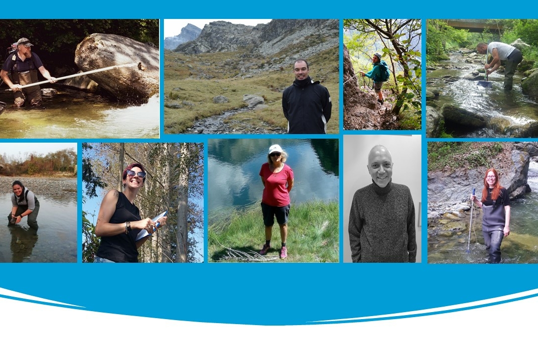 L'immagine è un collage di foto in cui sono rappresentati tutti i componenti del gruppo Alpstream. Nel dettaglio, partendo dall'angolo in alto a sinistra notiamo: il Prof. Stefano Fenoglio, il dott. Alberto Doretto, la dottoranda Silvia Bertolotti, la dott.ssa Elisa Falasco; nella fila in basso, partendo da sinistra: la dottoranda Anna Marino, la dott.ssa Laura Gruppuso, la Prof.ssa Francesca Bona, l'ing. Luca Ridolfi