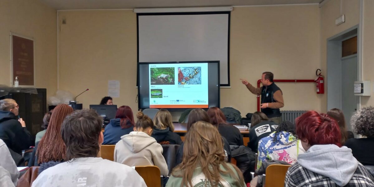un funzionario del Parco del Monviso di fianco a una lavagna luminosa sta spiegando ad una classe di studenti, che si vede di spalle, l'etologia della Salamandra di Lanza.