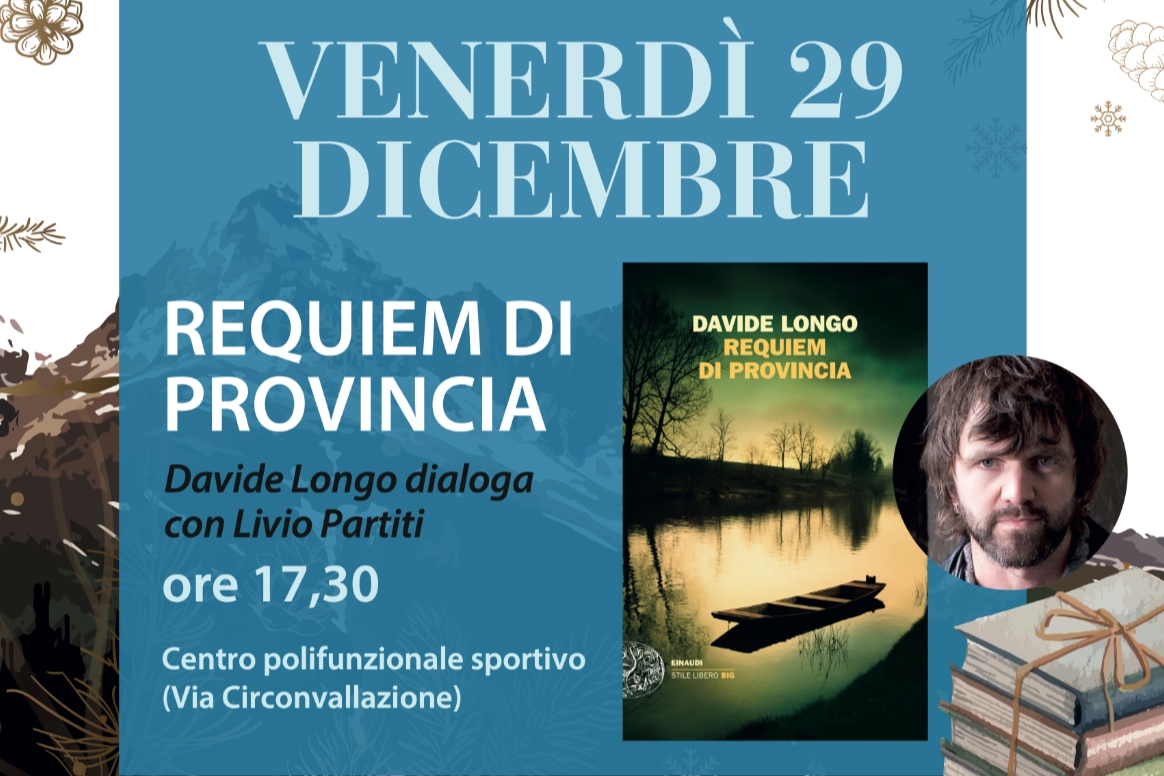 particolare della locandina dell'evento, con la data e il luogo in cui si svolge, la copertina del libro e il volto dell'autore