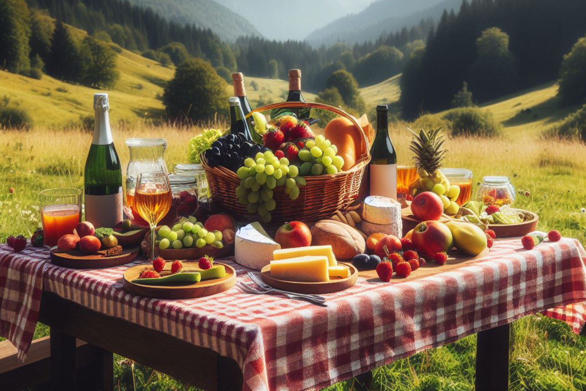 prodotti agroalimentari generici su una tavola con tovaglia bianca e rossa in un prato. Immagine generata dall'intelligenza artificiale.