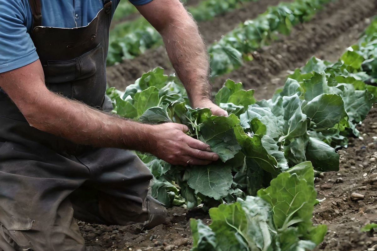un produttore agricolo al lavoro mentre raccoglie insalata. si vedono le mani e il tronco. Immagine realizzata con l'intelligenza artificiale.
