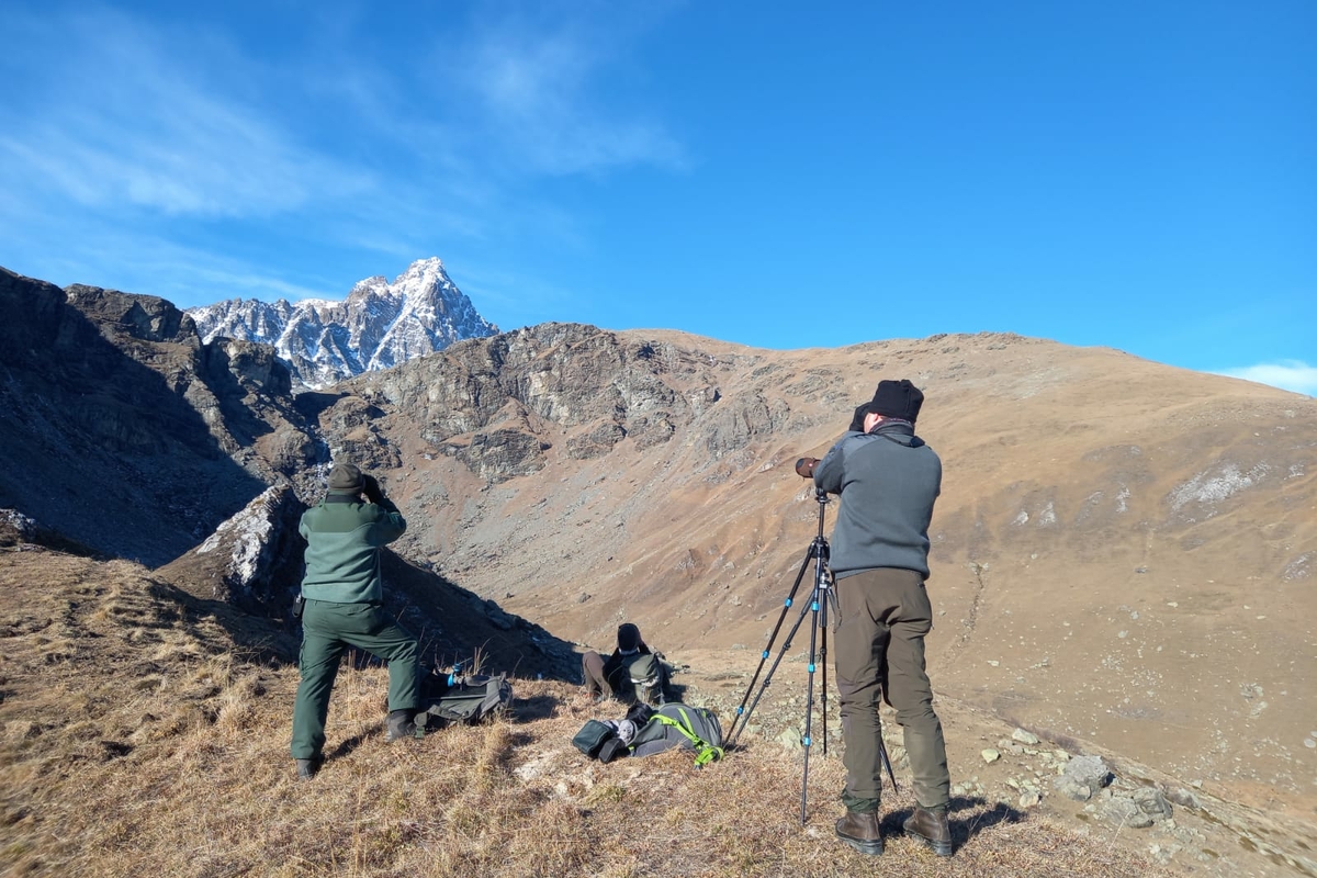 tre persone di schiena mentre stanno osservando, con binocoli e cannocchiali, il versante montuoso ai piedi del Monviso.
