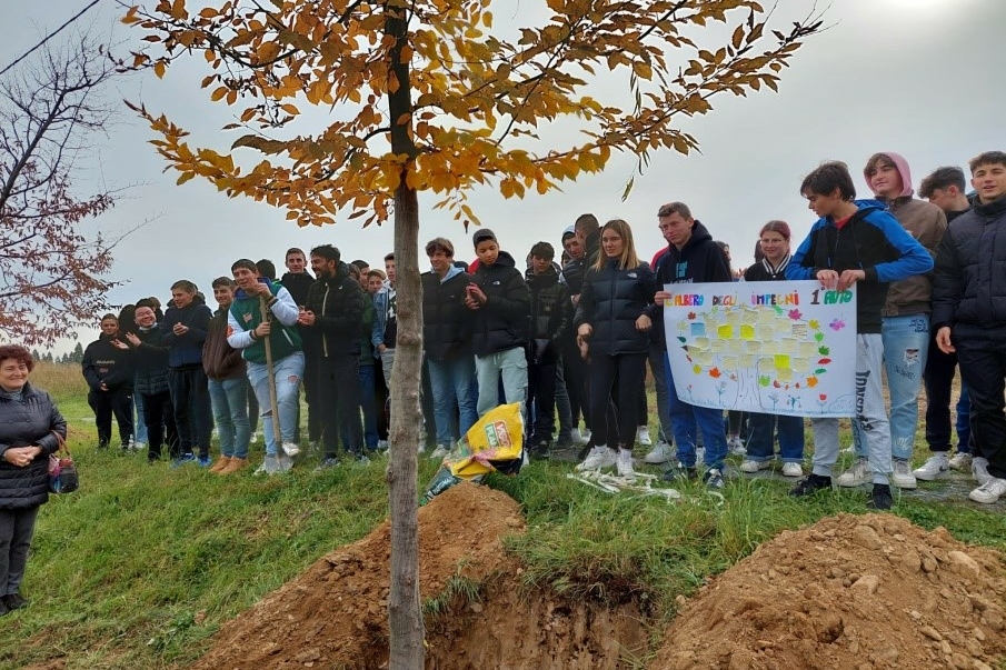 gruppo di studenti dietro a un albero di nuova piantumazione: si vede lo scavo fatto per metterlo a dimora in primo piano.