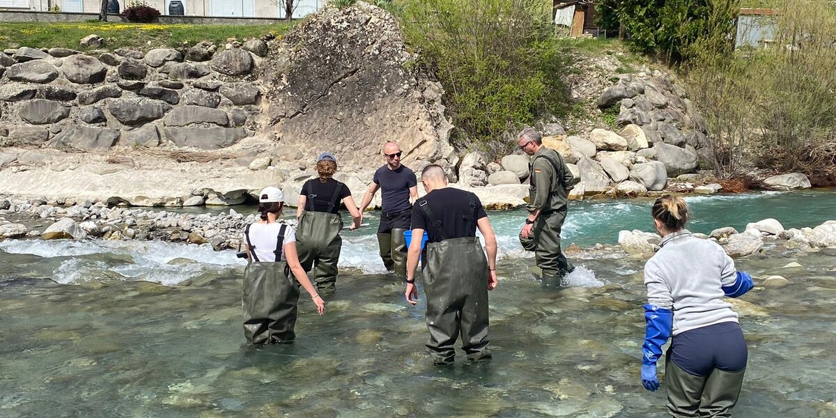 Foto che ritrae gli studenti del master durante l'attività di campionamento in fiume