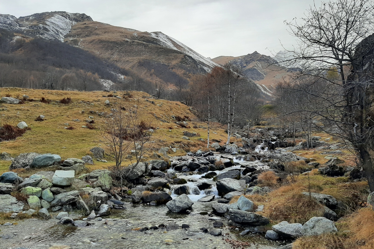 One of the sampling sites of the Network Po project (Le Bigorie near Oncino). The river flows through the center of the photo, surrounded by a winter landscape.