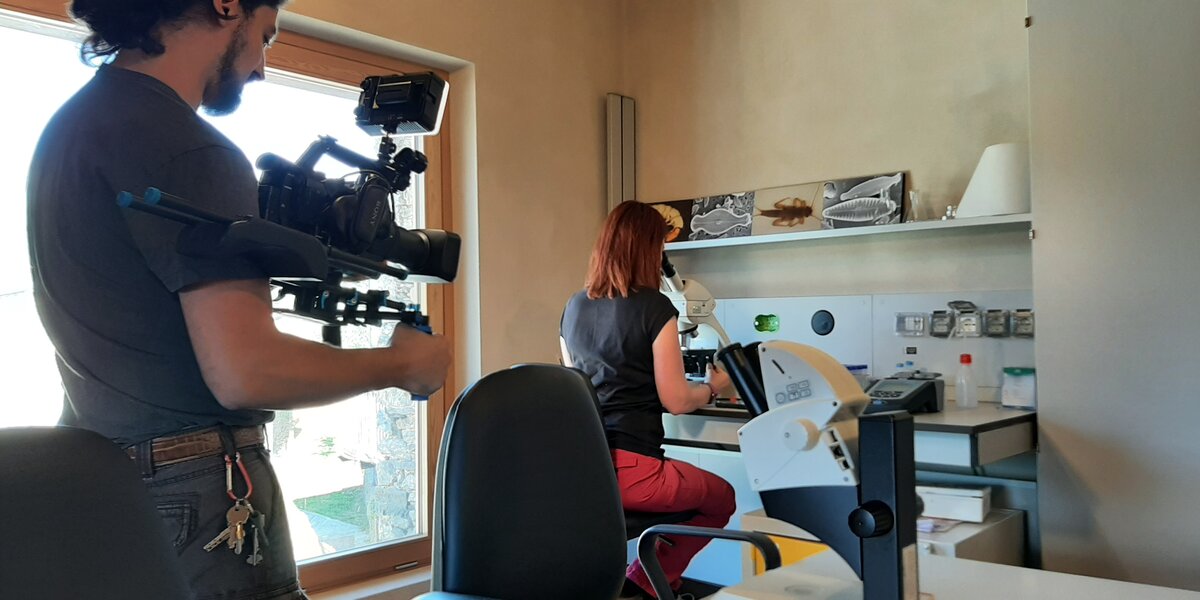 An image of a cameraman filming a researcher from behind while using an optical microscope.