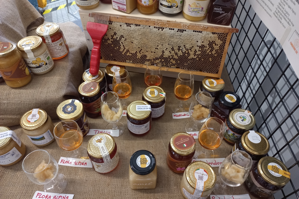 vasetti di miele su un tavolo con etichette che riportano il qrcode del progetto. accanto alcuni bicchierini con miele in assaggio con vicino dei biglietti che riportano il tipo di miele. dietro un telaino con le celle piene di miele.