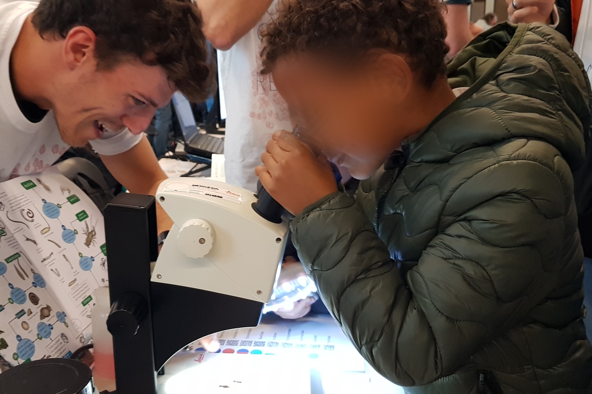 A child observes some macroinvertebrates through a stereoscope, while a researcher from the Alpstream group guides them in examining the distinctive morphological features.
