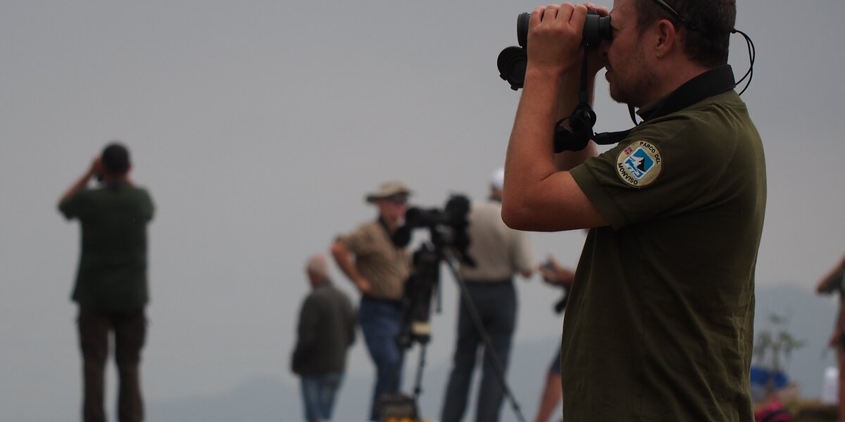 in primo piano e sulla destra della fotografia un tecnico del Parco del Monviso di profilo con binocolo, sullo sfondo, dominato dalla foschia, ci sono altri birdwatchers