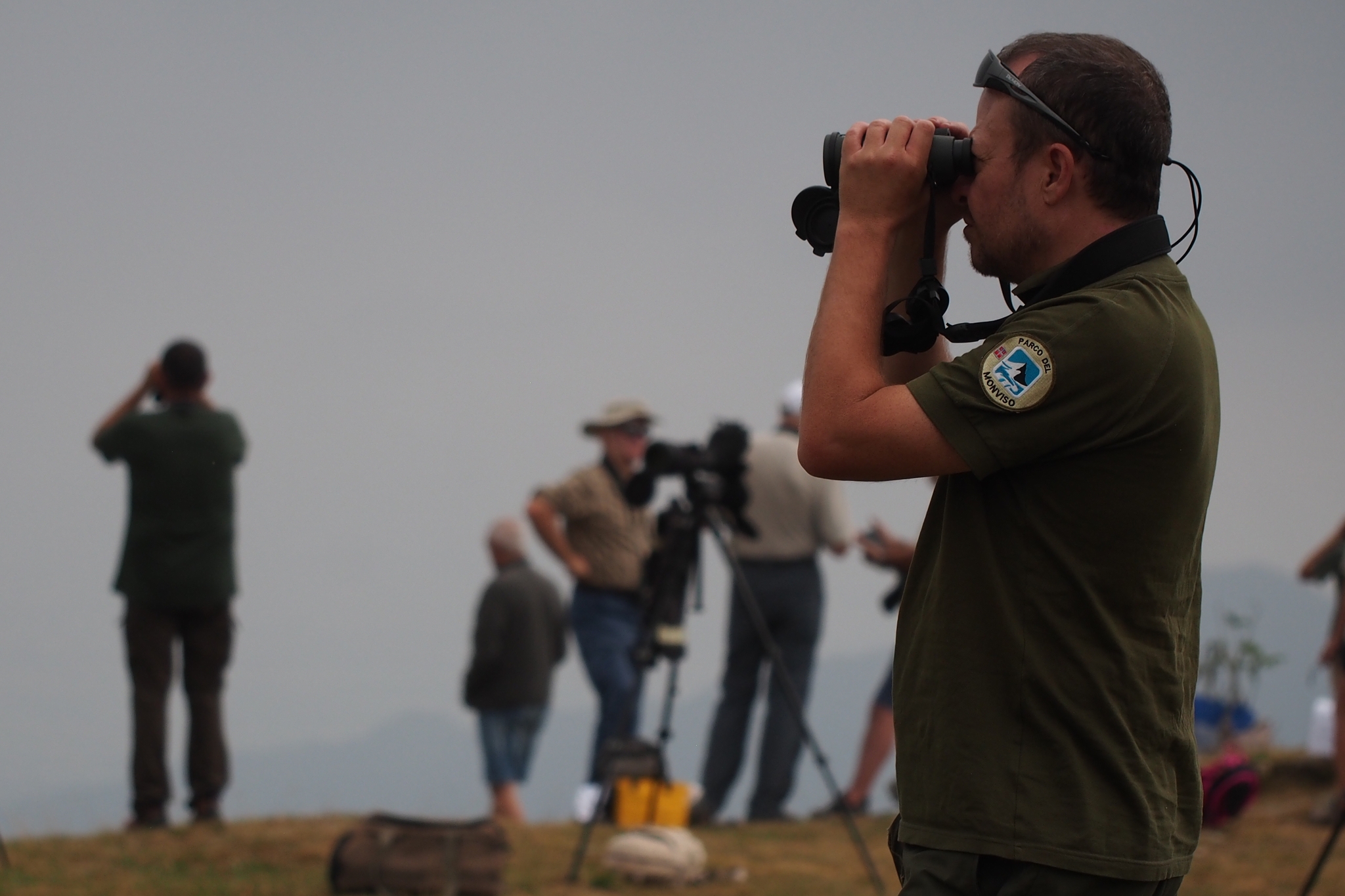 in primo piano e sulla destra della fotografia un tecnico del Parco del Monviso di profilo con binocolo, sullo sfondo, dominato dalla foschia, ci sono altri birdwatchers