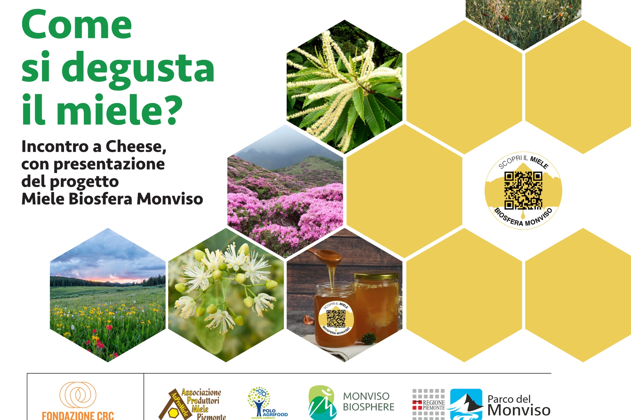 Locandina promozionale dal titolo in grande, verde: “Come si degusta il miele?”. Sotto, in nero: “Incontro a Cheese, con presentazione del progetto Miele Biosfera Monviso”.  Sulla destra c’è una composizione a nido d’ape fatta di esagoni gialli e fotografie: fiori e piante in fiore (castagno, rododendro, tiglio, prato di montagna, campo fiorito), e un vasetto di miele con cucchiaio colmo. In uno degli esagoni gialli c’è un QR code con la scritta “Scopri il miele Biosfera Monviso”.  In basso sono riportati i loghi degli enti promotori: Fondazione CRC, Associazione Produttori Miele Piemonte, Polo AgriFood, Monviso Biosphere, Regione Piemonte e Parco del Monviso.