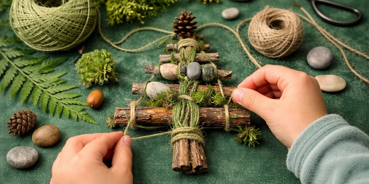 Mani di un bambino che legano con uno spago verde una decorazione a forma di piccolo albero stilizzato, realizzata con rametti di legno, pigne, muschio e sassolini. La composizione è appoggiata su un piano verde; intorno si vedono gomitoli di spago, foglie, forbici e altri elementi naturali usati per il laboratorio creativo.