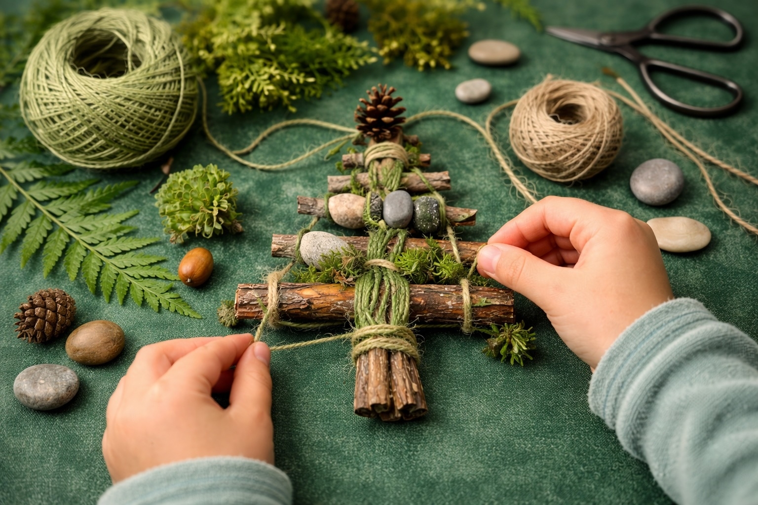 Mani di un bambino che legano con uno spago verde una decorazione a forma di piccolo albero stilizzato, realizzata con rametti di legno, pigne, muschio e sassolini. La composizione è appoggiata su un piano verde; intorno si vedono gomitoli di spago, foglie, forbici e altri elementi naturali usati per il laboratorio creativo.