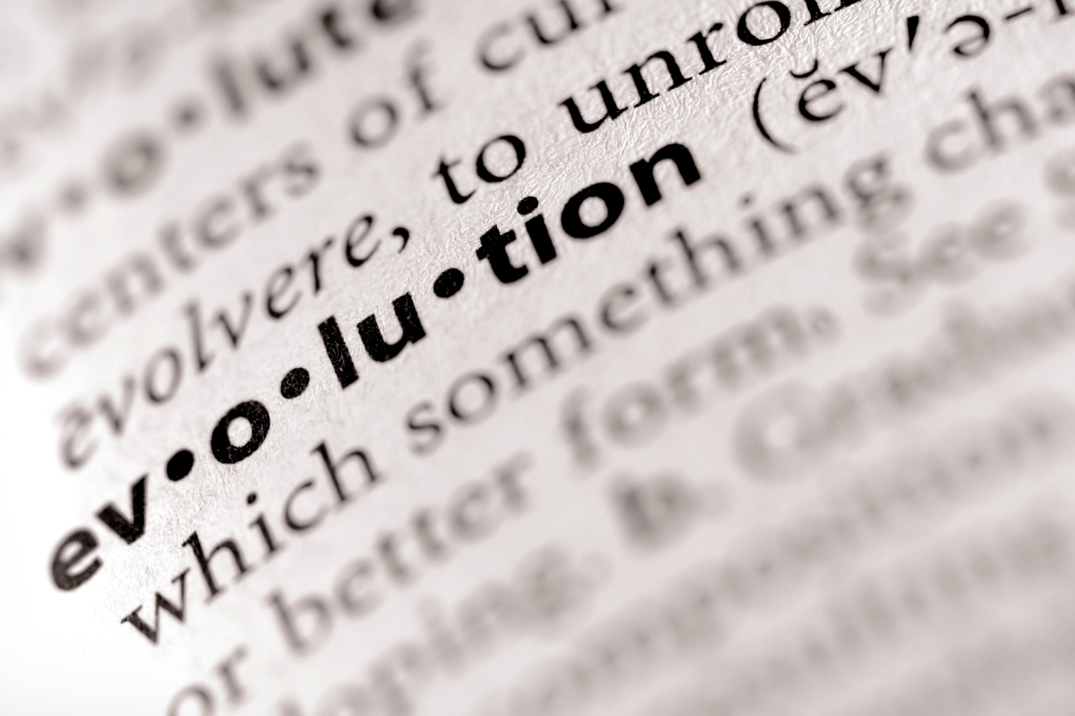 pagina di enciclopedia con zoom sulla parola evoluzione in inglese