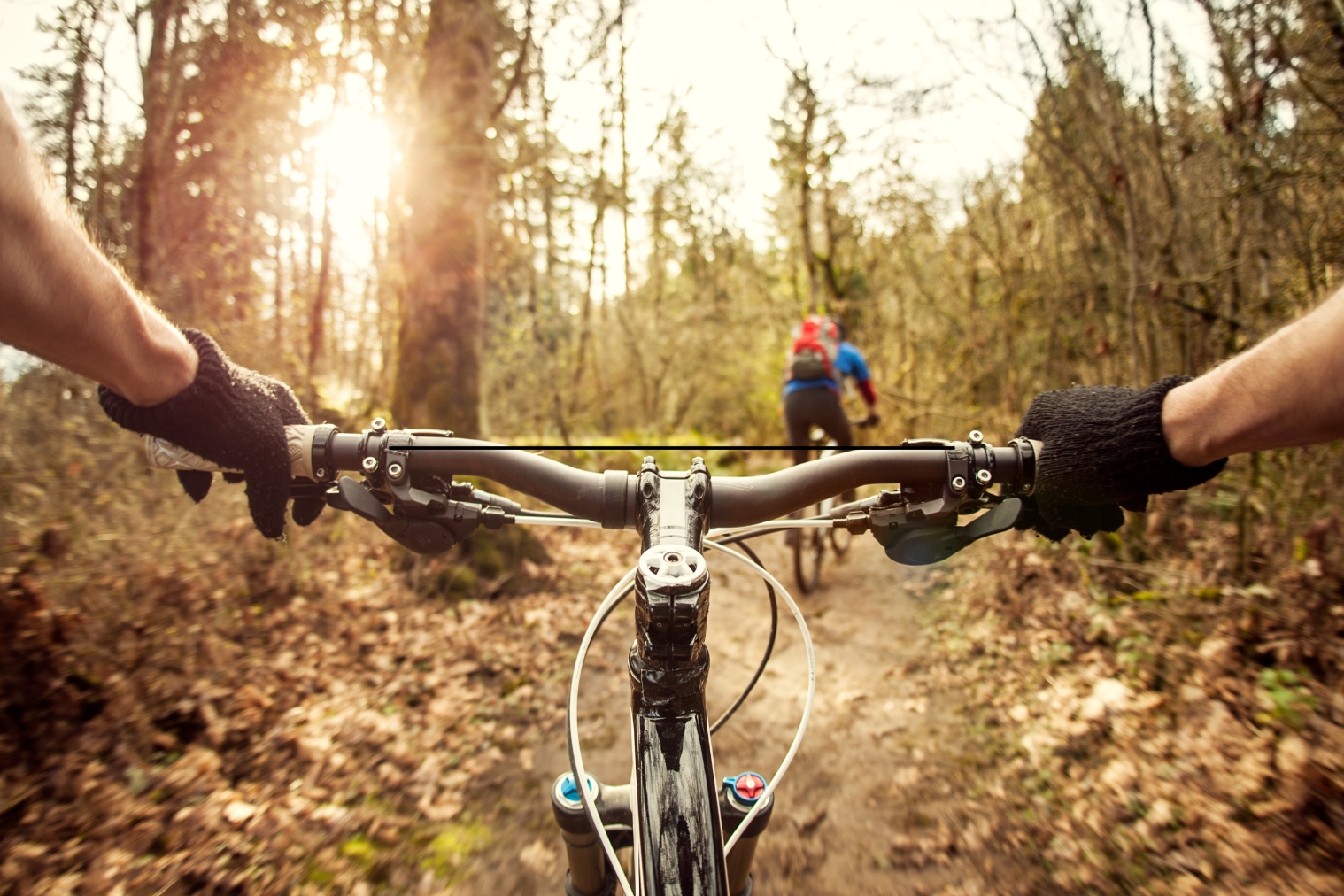 Inquadratura in soggettiva dalla bicicletta: due mani con guanti neri stringono il manubrio mentre si percorre un sentiero sterrato nel bosco, coperto di foglie. Davanti si intravede un altro ciclista che procede lungo il percorso. La luce del sole filtra tra gli alberi creando riflessi caldi.