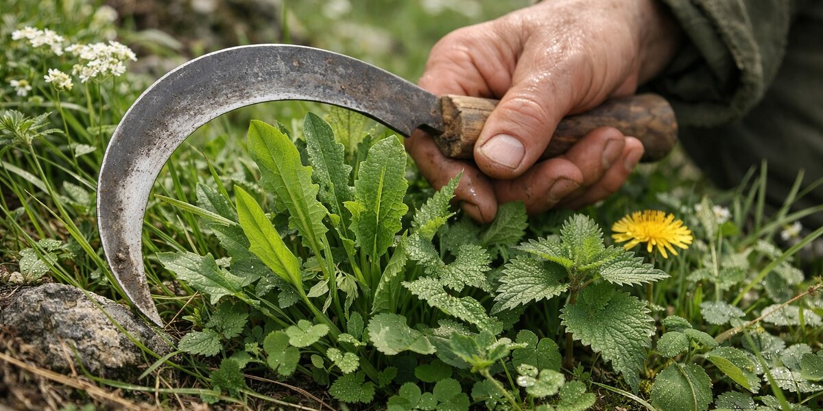 na immagine orizzontale in cui si vede una mano con un falcetto che sta per tagliare delle erbe spontanee commestibili in un ambiente alpino. immagine colta da un punto di vista ravvicinato, senza panorami riconoscibili.