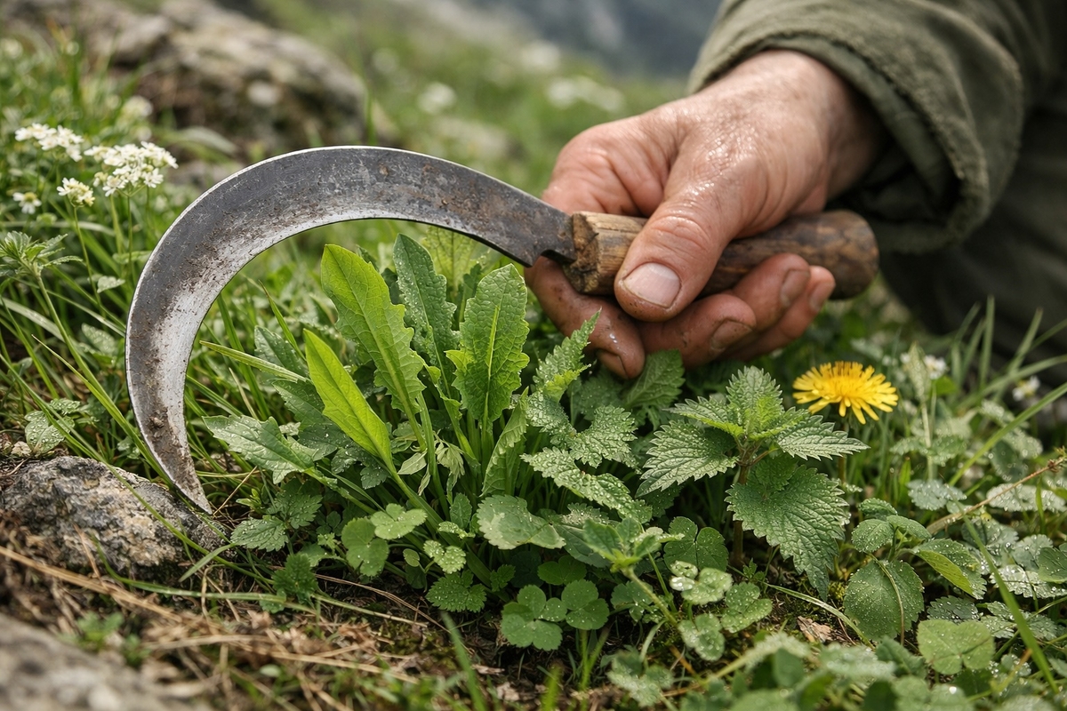 na immagine orizzontale in cui si vede una mano con un falcetto che sta per tagliare delle erbe spontanee commestibili in un ambiente alpino. immagine colta da un punto di vista ravvicinato, senza panorami riconoscibili.