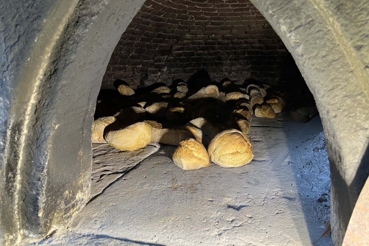 pane in cottura in un forno a legna di borgata