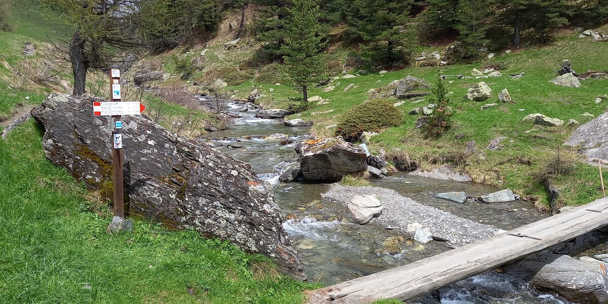 Sentiero di montagna che costeggia un piccolo torrente in una valle alpina. In primo piano si vedono un ponte in legno e un grande masso accanto a un palo con segnaletica escursionistica bianca e rossa. Il torrente scorre tra rocce e prati verdi, mentre sullo sfondo si estendono pendii erbosi punteggiati di conifere e massi sparsi. Atmosfera tranquilla e naturale.