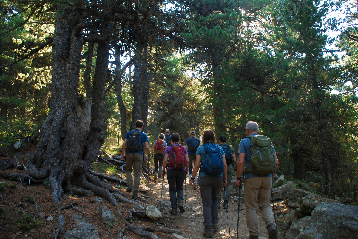 Un gruppo di escursionisti, uomini e donne di età diverse, cammina lungo un sentiero di montagna all’interno di un fitto bosco di conifere. I partecipanti sono ripresi di spalle, con zaini e bastoncini da trekking, mentre procedono su un percorso leggermente in salita tra radici affioranti e rocce. La luce del sole filtra tra i rami degli alberi, illuminando a tratti il sentiero e creando un’atmosfera tranquilla e immersa nella natura. Sul lato sinistro dell’immagine si distingue il grande tronco nodoso di un vecchio pino cembro.