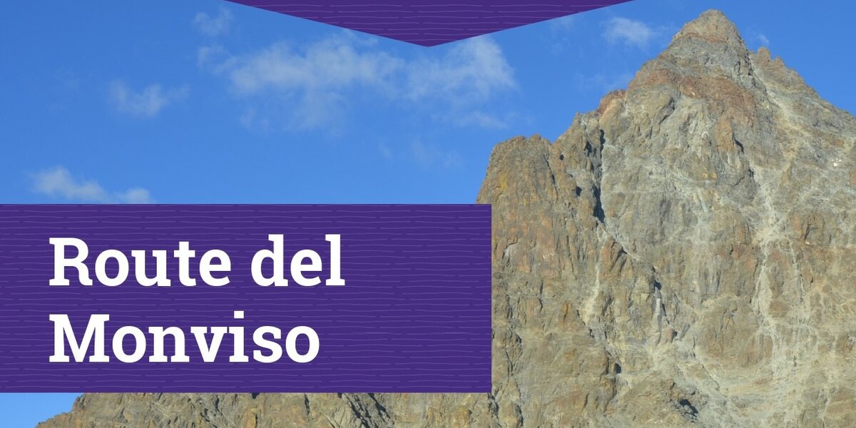 Cima del Monviso con una scritta bianca su sfondo viola con scritto Route del Monviso e sottotitolo viola Breve vademecum per gruppi scout e non solo