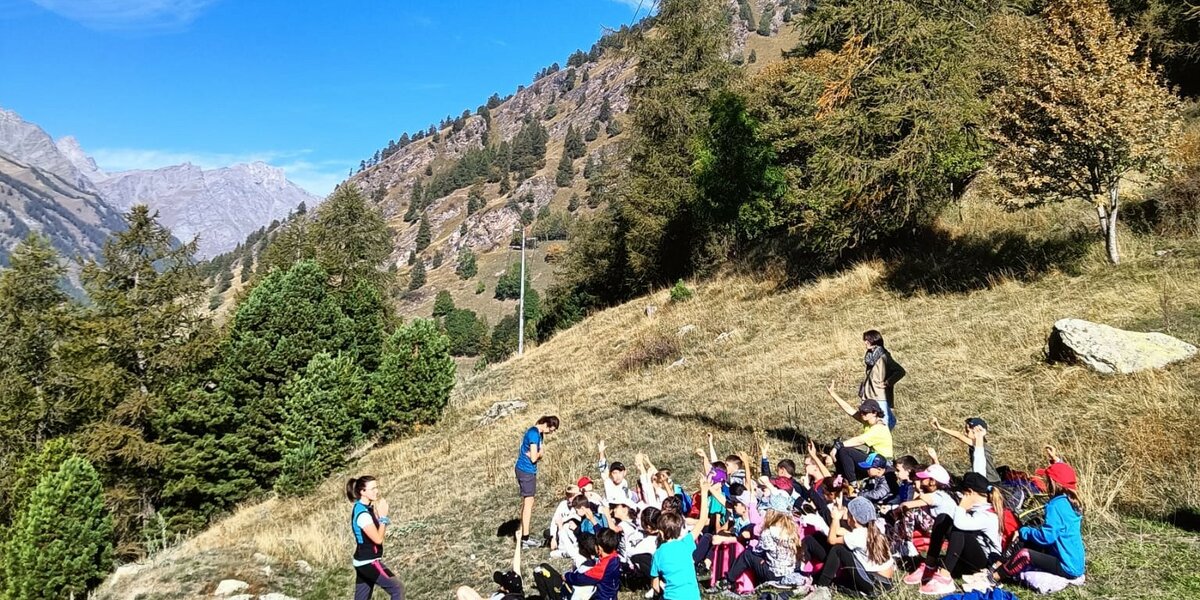 Ampia veduta di un pendio montuoso soleggiato in cui un numeroso gruppo di bambini è seduto sull'erba insieme agli accompagnatori. Molti ragazzi alzano la mano per rispondere alle domande della guida in piedi davanti a loro. Sullo sfondo si estende un fitto bosco di pini e larici che risale la montagna, sotto un cielo azzurro e limpido.