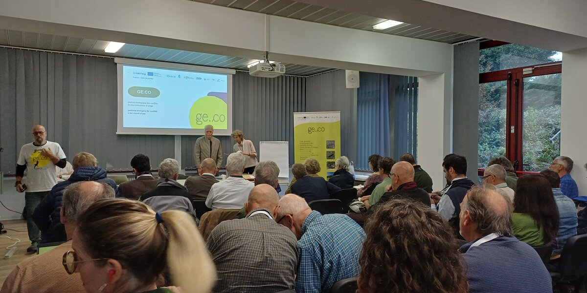 **Testo alternativo (alt text):**  Numerose persone partecipano a un incontro pubblico in una sala conferenze, sedute di fronte ai relatori. Sul fondo, uno schermo proietta una presentazione del progetto GE.CO, affiancato da un pannello informativo con la stessa grafica. Alcuni relatori sono in piedi nella parte anteriore della sala.