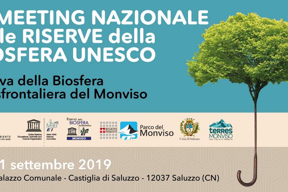 La locandina del secondo Meeting nazionale delle Riserve della Biosfera UNESCO: un albero a chioma larga con il tronco che si trasforma in un manico di ombrello e loghi degli enti organizzatori