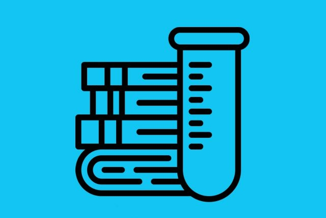 icona stilizzata con libri e provette su sfondo azzurro