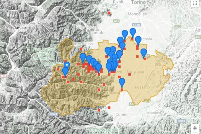 Nell'immagine la cartografia con l'indicazione delle prime segnalazioni registrate